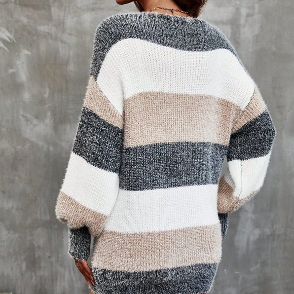 Multicolor Preppy Womens Color Block Drop Shoulder Button Front Cardigan - Picture 2 of 5